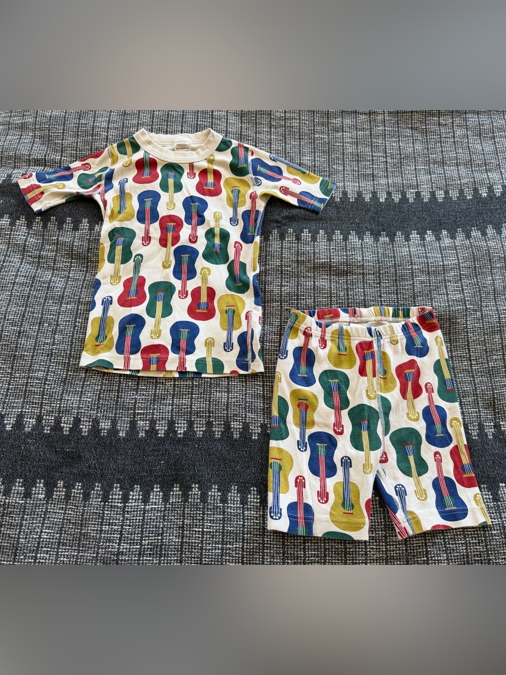 Hanna Andersson White Pajama Set with Red, Blue, Green & Yellow Guitars